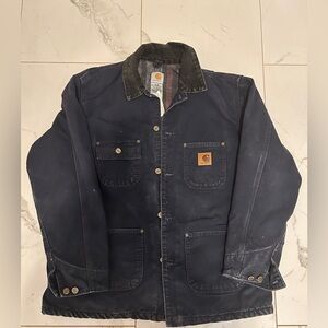 Vintage Carhartt Navy Canvas Duck Blanket Chore Coat Sz L